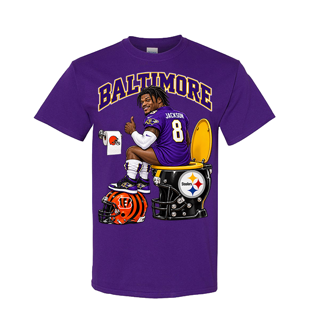 Baltimore Ravens rivalry design on a purple T-shirt