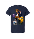 A navy blue short-sleeve t-shirt featuring a cartoon graphic of a Chicago Bears bear mascot sitting on a Green Bay Packers football helmet, with a purple Minnesota Vikings toilet paper roll and a football helmet nearby, displayed on a solid white background.