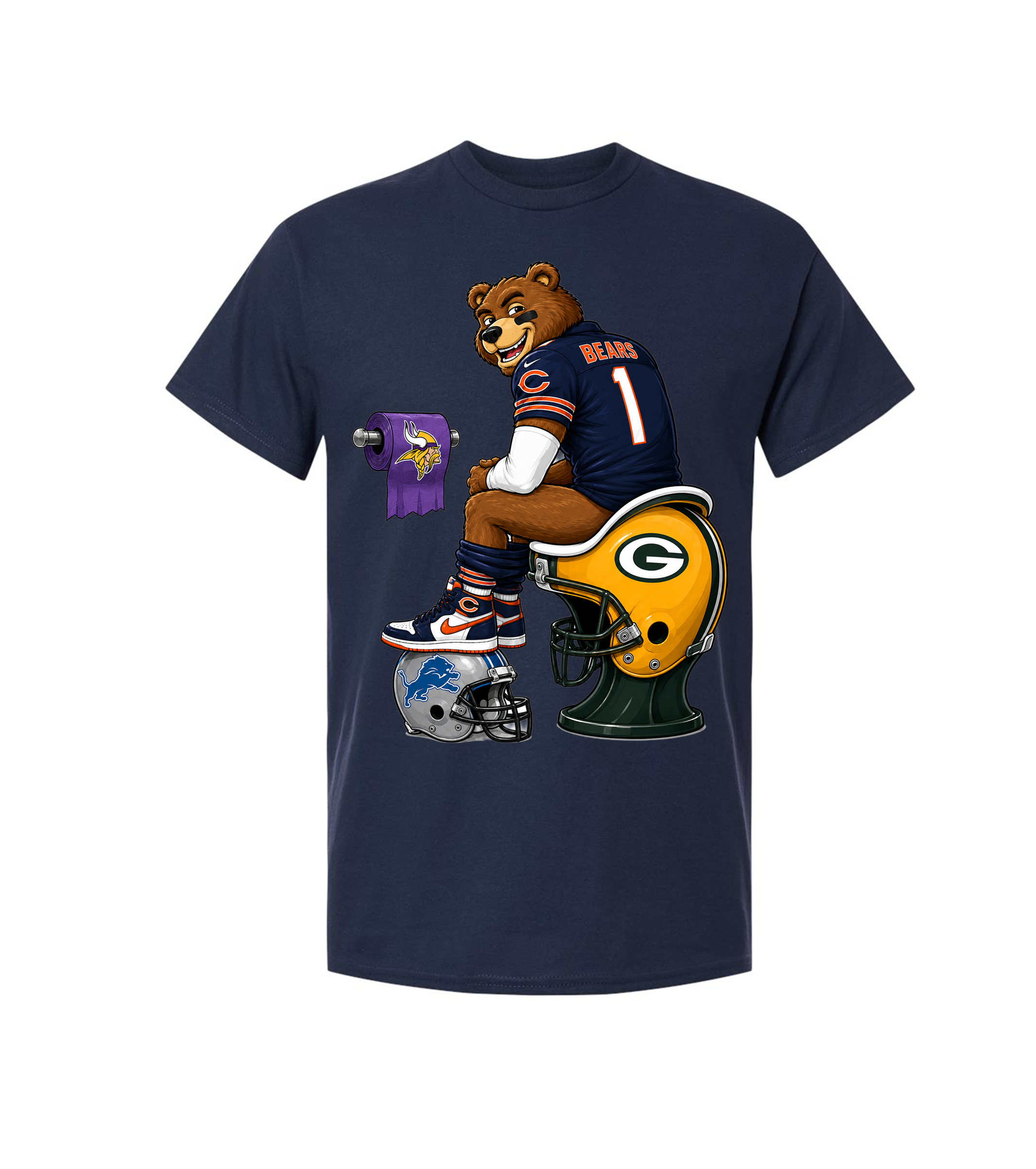 A navy blue short-sleeve t-shirt featuring a cartoon graphic of a Chicago Bears bear mascot sitting on a Green Bay Packers football helmet, with a purple Minnesota Vikings toilet paper roll and a football helmet nearby, displayed on a solid white background.