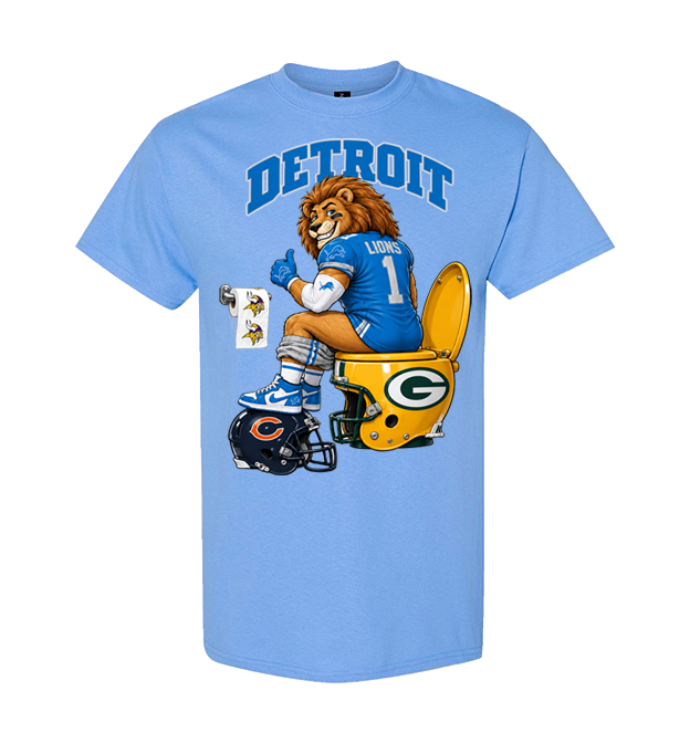 Detroit Lions rivalry graphic on a Carolina Blue T-shirt