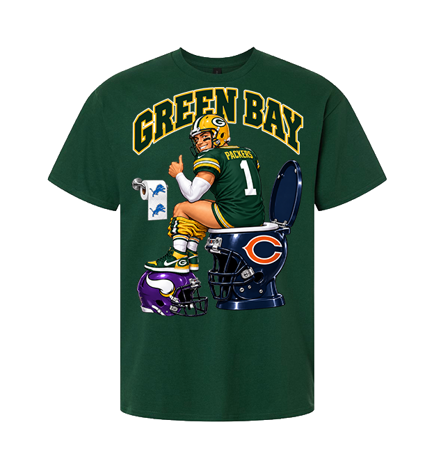 Green Bay Packers rivalry graphic on a Dark Green T-shirt