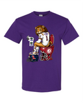 A purple short-sleeve crewneck t-shirt featuring a cartoon graphic of a lion wearing an LSU football jersey sitting on a red football helmet toilet, with a blue LSU helmet at its side.