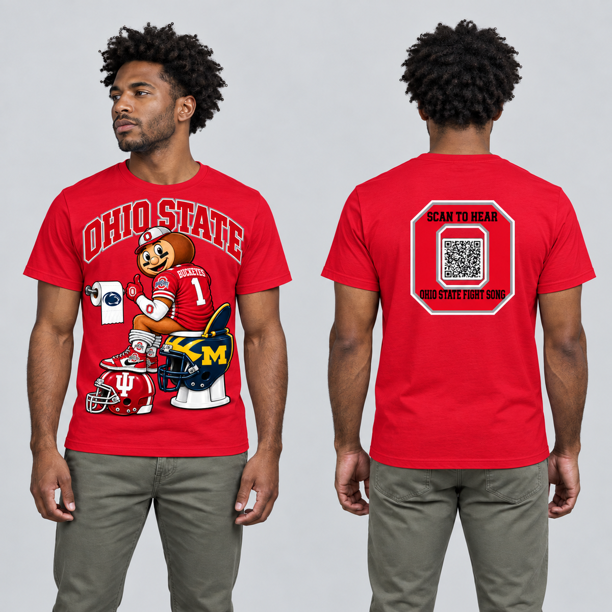 Ohio State red T-shirt front and back on model; rivalry artwork on front and fight-song logo on back