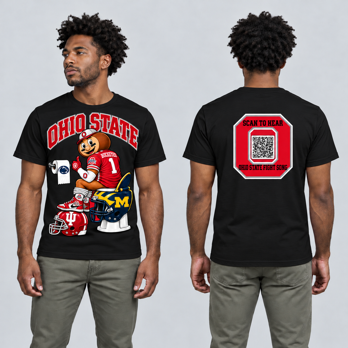 Ohio State black T-shirt front and back on model, rivalry artwork and fight-song logo