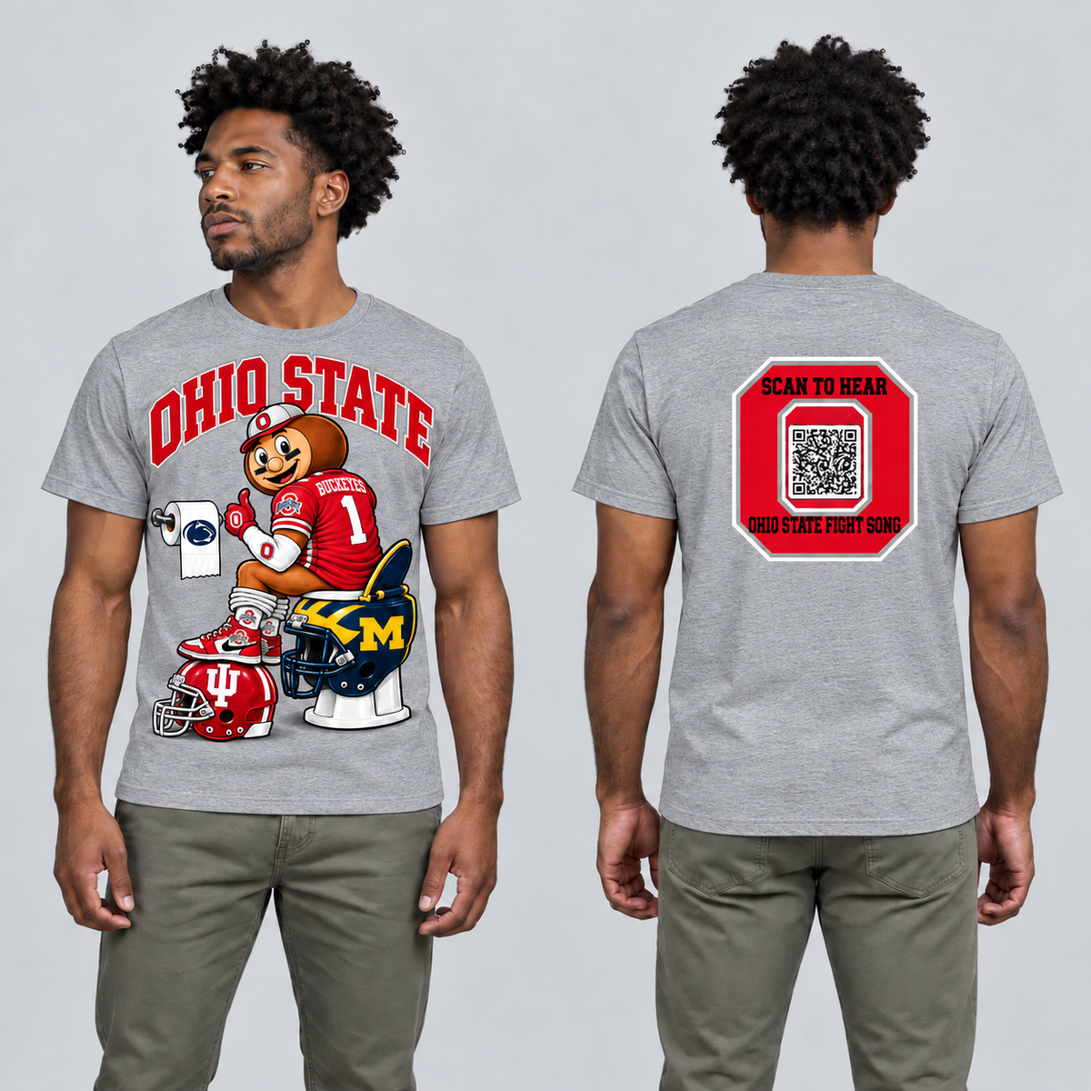 Ohio State sport gray T-shirt front and back on model, rivalry artwork and fight-song logo