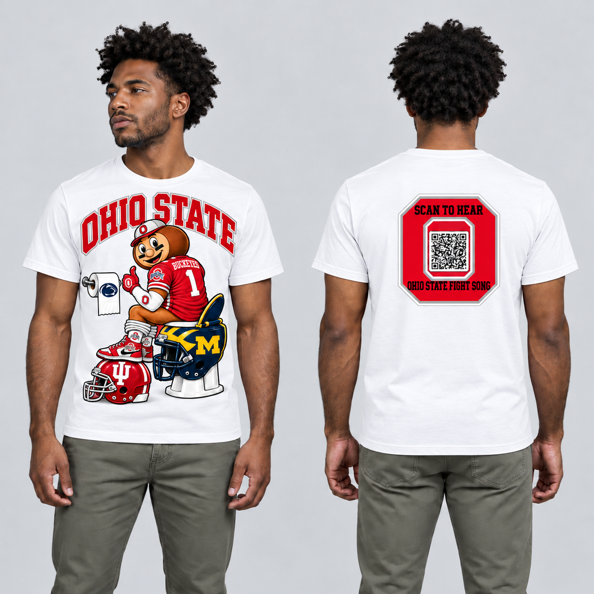 Ohio State white T-shirt front and back on model, rivalry artwork and fight-song logo