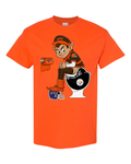 A bright orange short-sleeve crewneck t-shirt featuring a cartoon graphic of a Pittsburgh Steelers elf sitting on a toilet using a football helmet as a seat, with a toilet paper roll labeled '1 EF'.