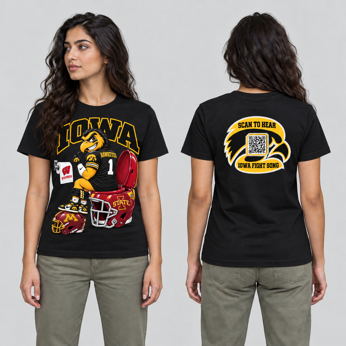 Iowa Black T-shirt front and back on model
