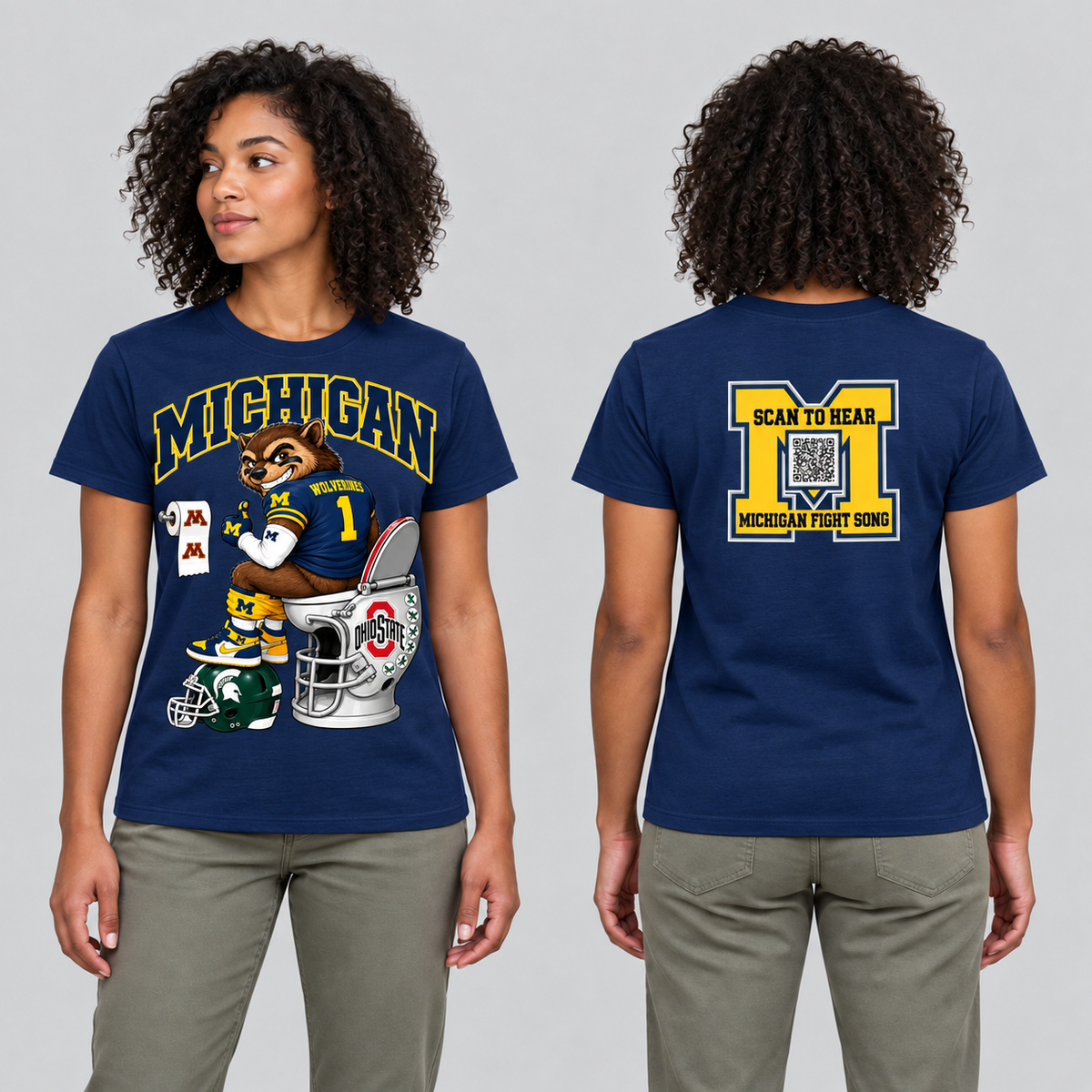 Michigan Navy T-shirt front and back on model