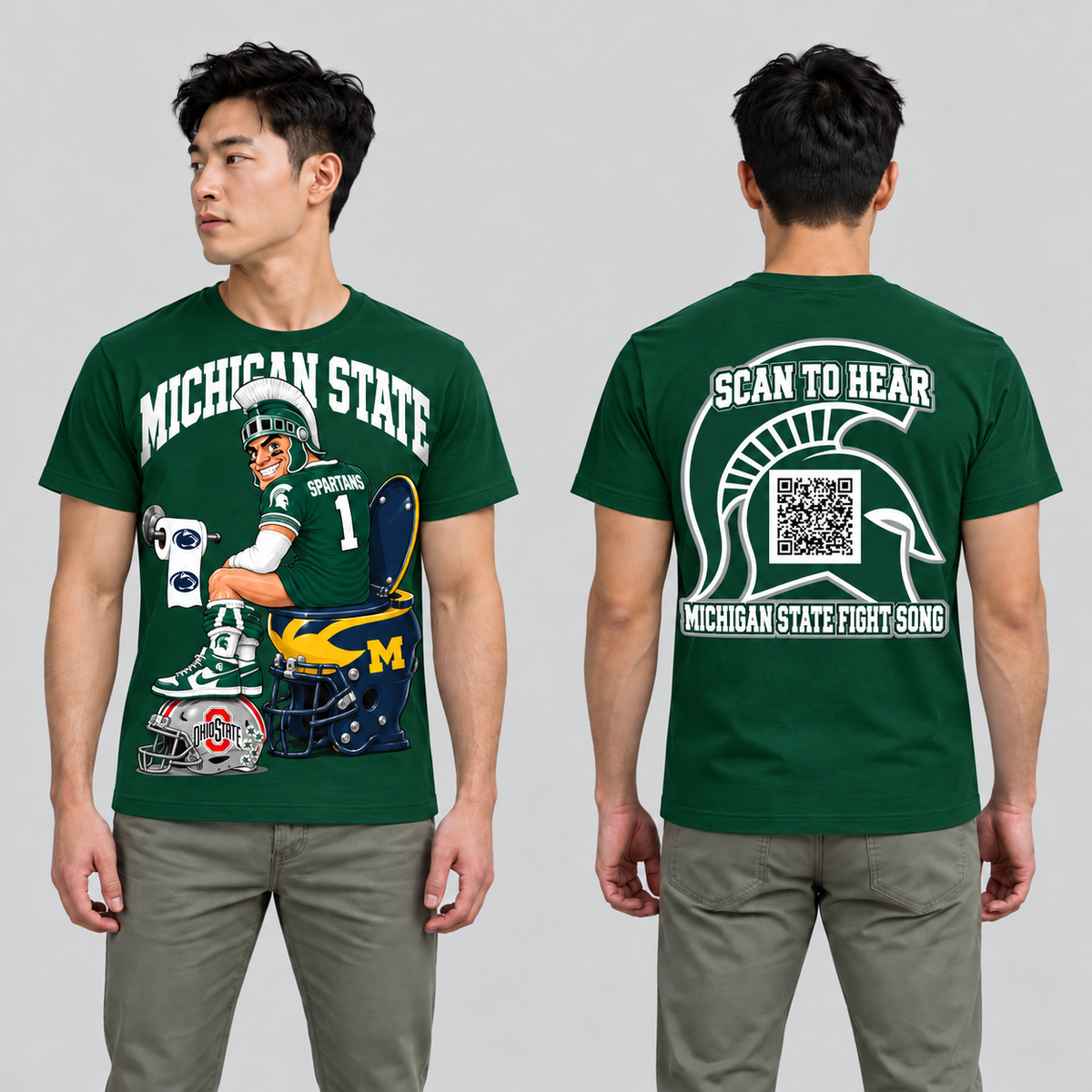 Michigan State Green T-shirt front and back on model