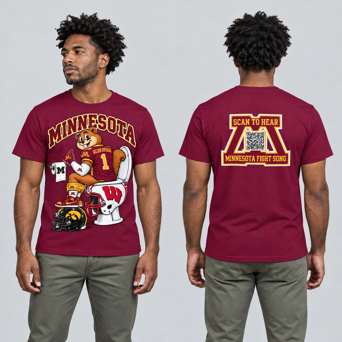 Minnesota Maroon T-shirt front and back on model