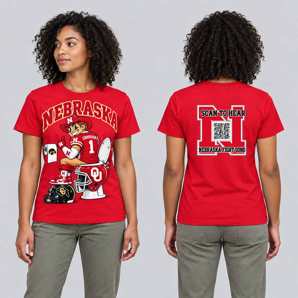 Nebraska Red T-shirt front and back on model