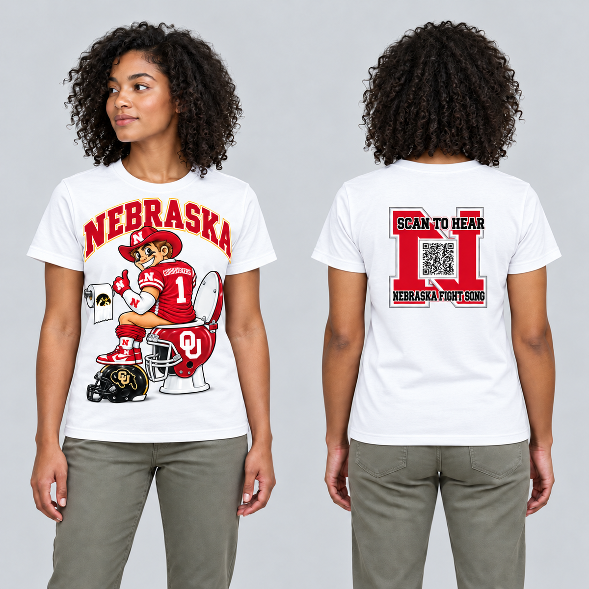 Nebraska White T-shirt front and back on model