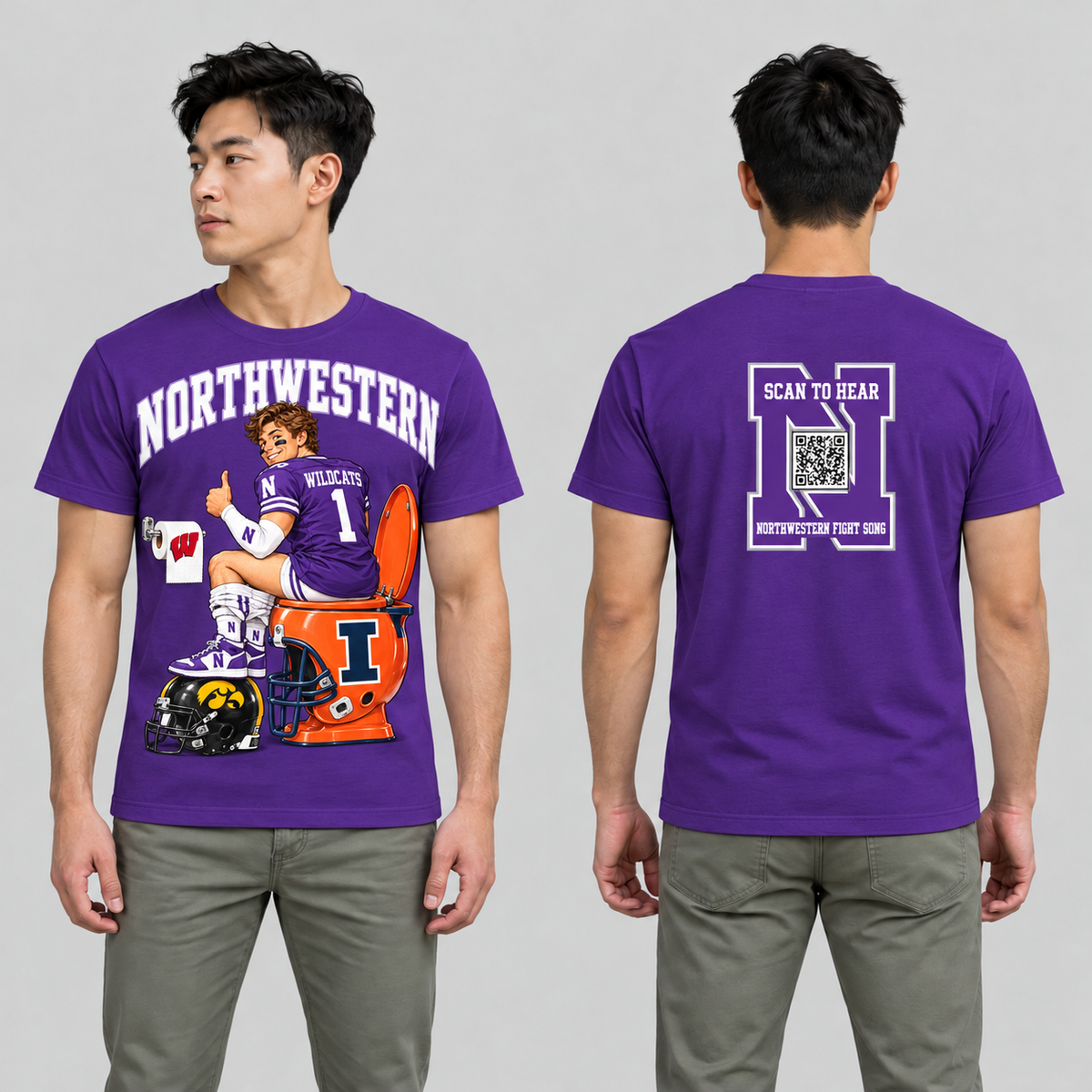 Northwestern Purple T-shirt front and back on model