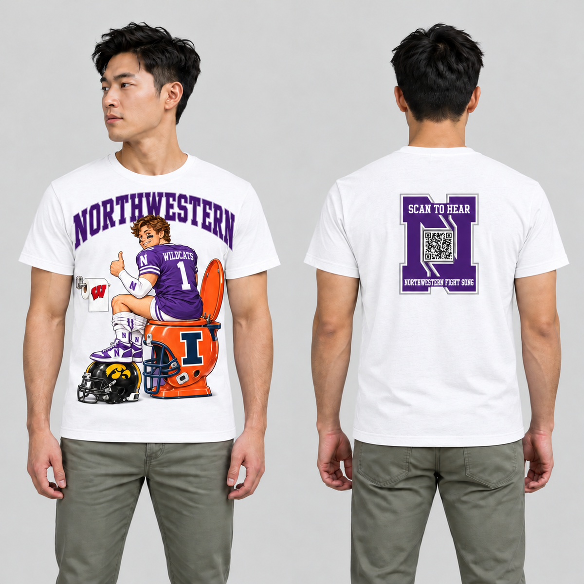 Northwestern White T-shirt front and back on model