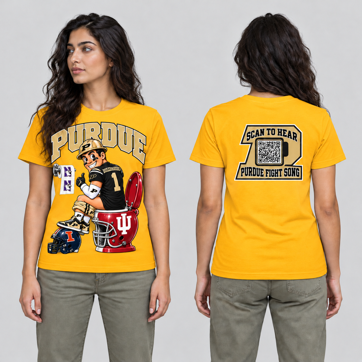 Purdue Gold T-shirt front and back on model