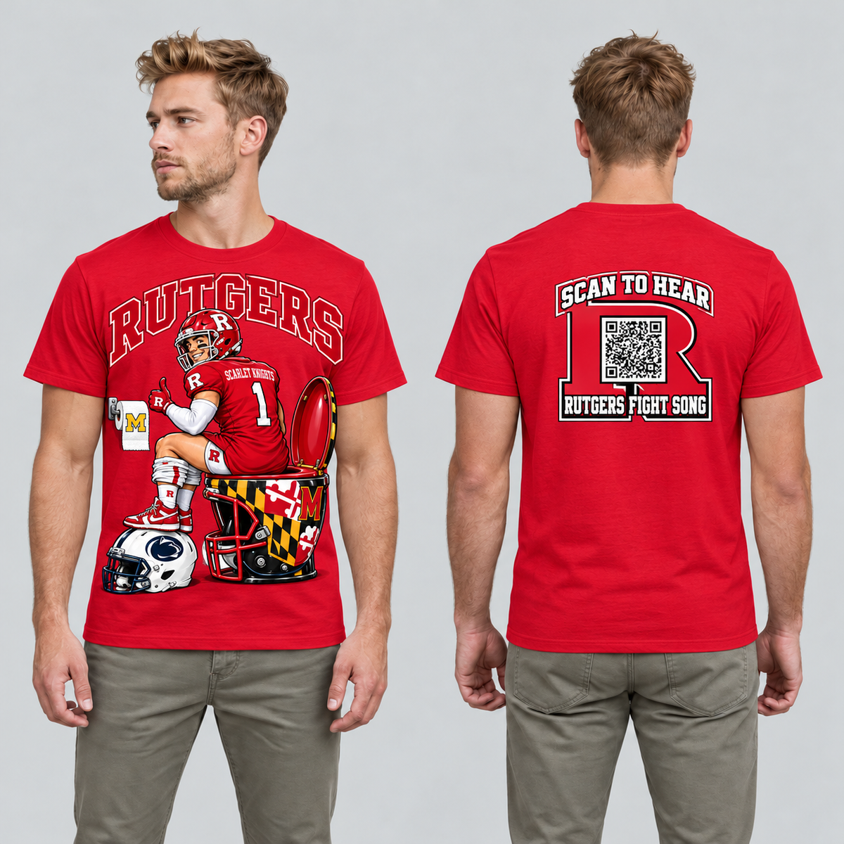 Rutgers Red T-shirt front and back on model