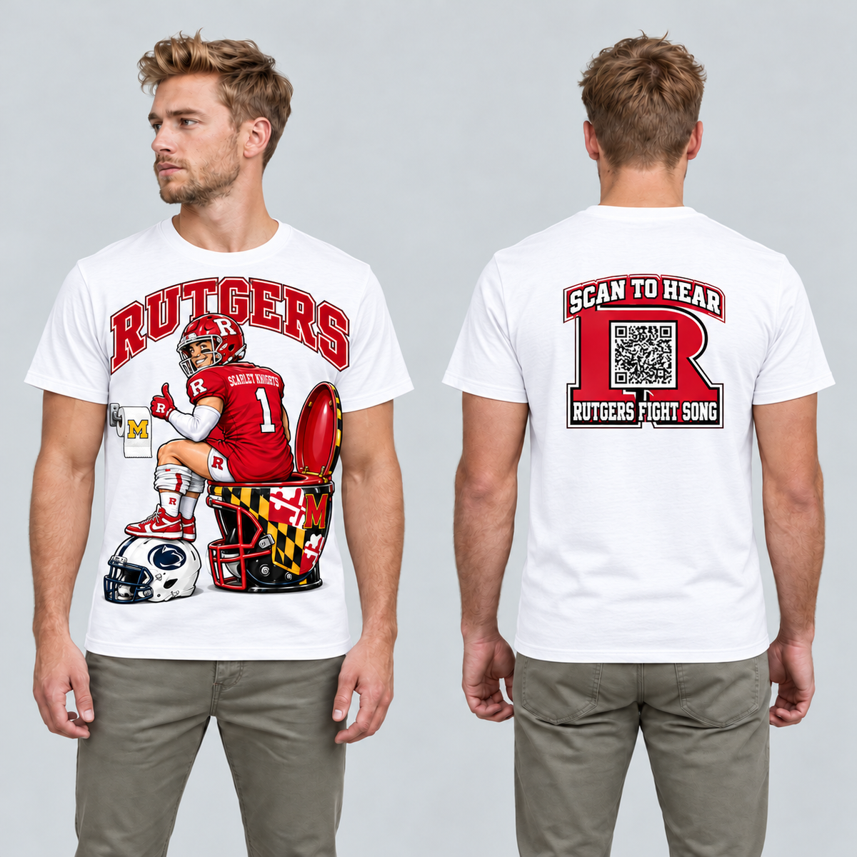 Rutgers White T-shirt front and back on model