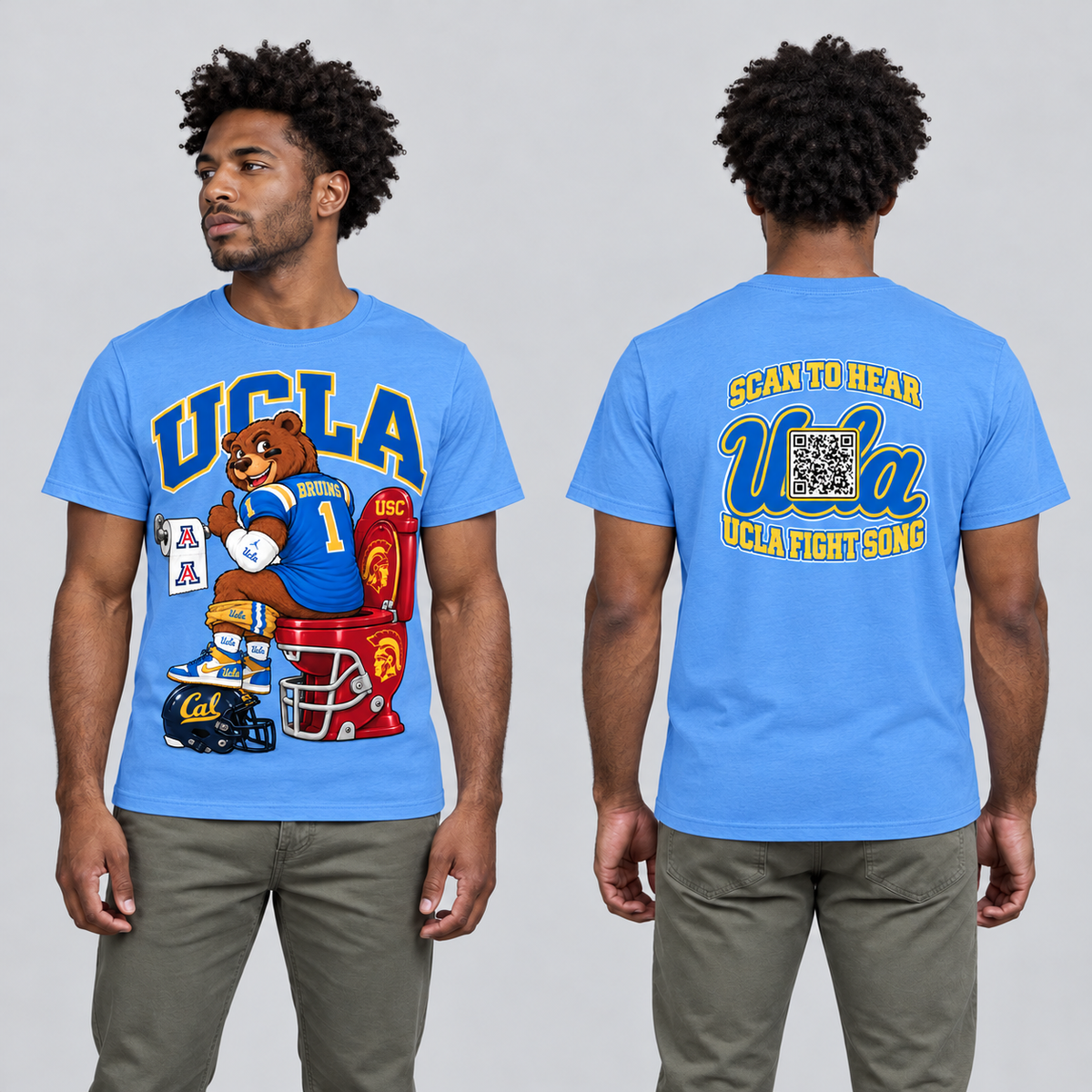 UCLA Carolina Blue T-shirt front and back on model