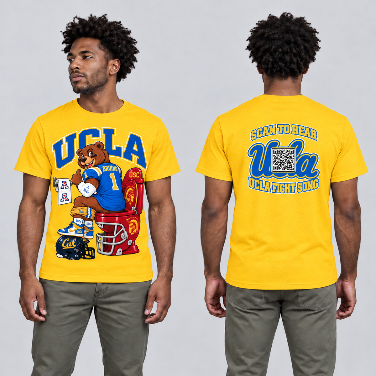 UCLA Gold T-shirt front and back on model