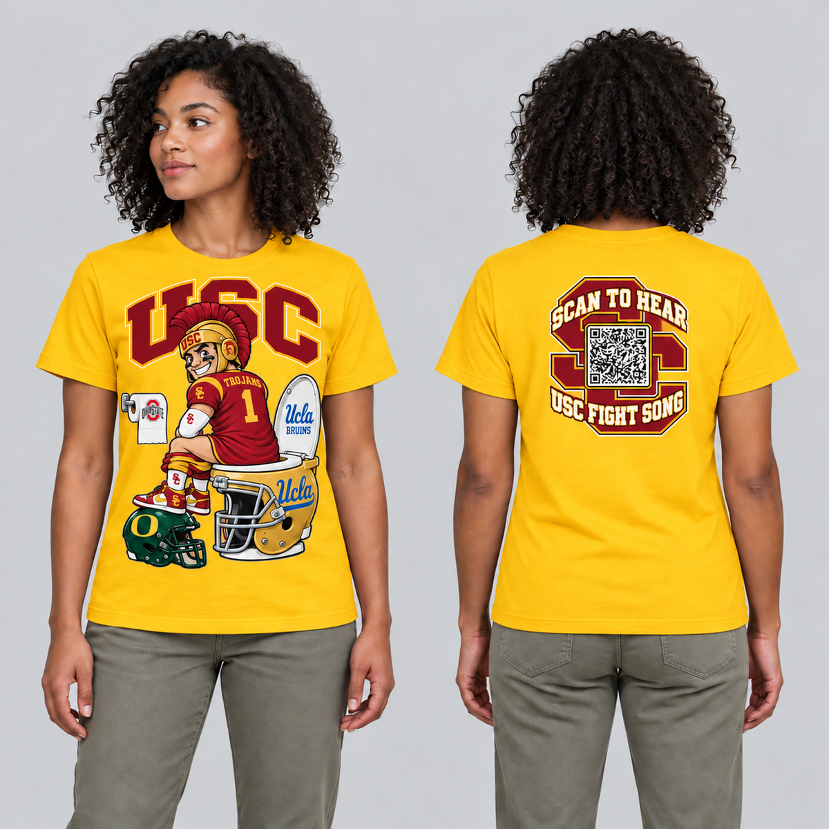 USC Gold T-shirt front and back on model