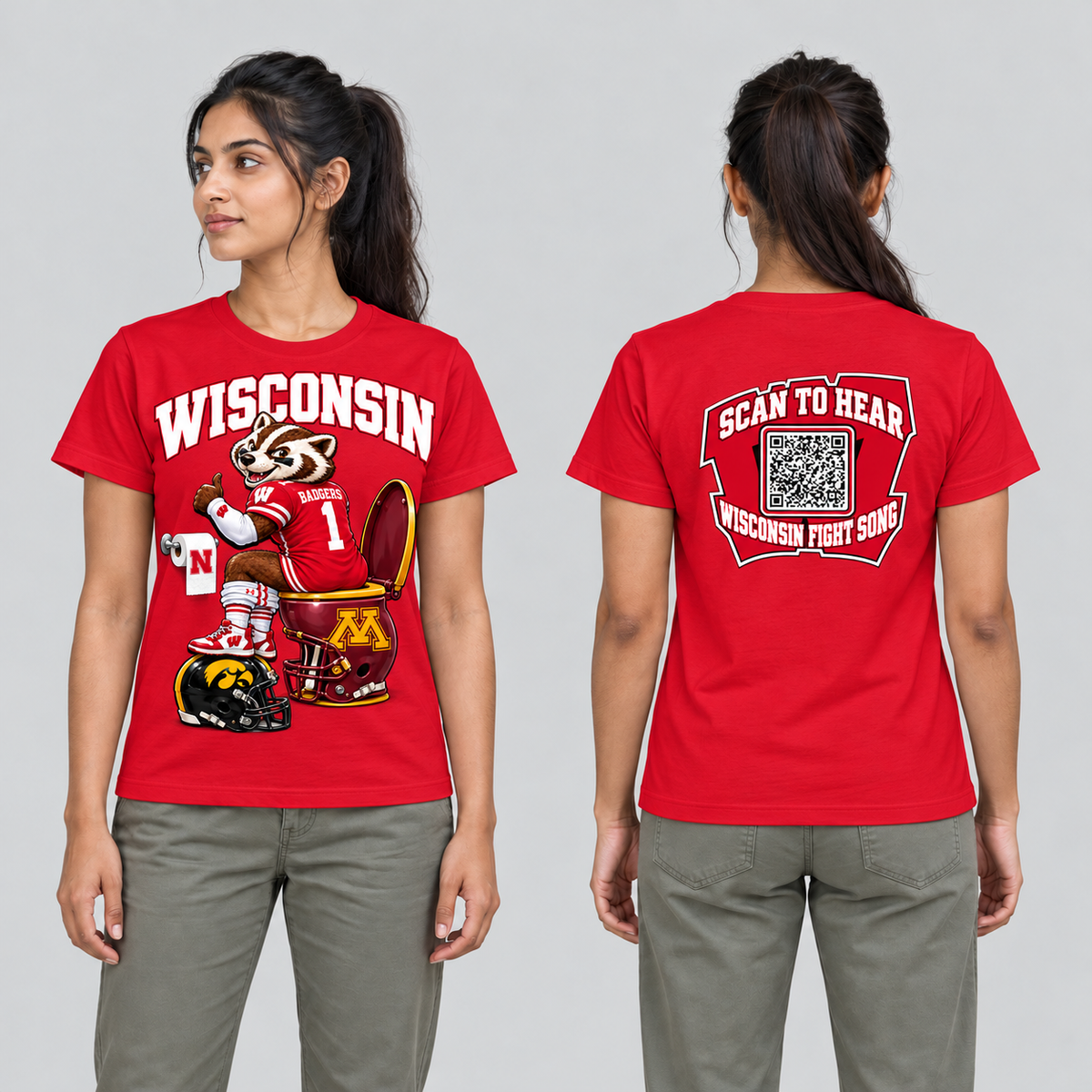 Wisconsin Red T-shirt front and back on model